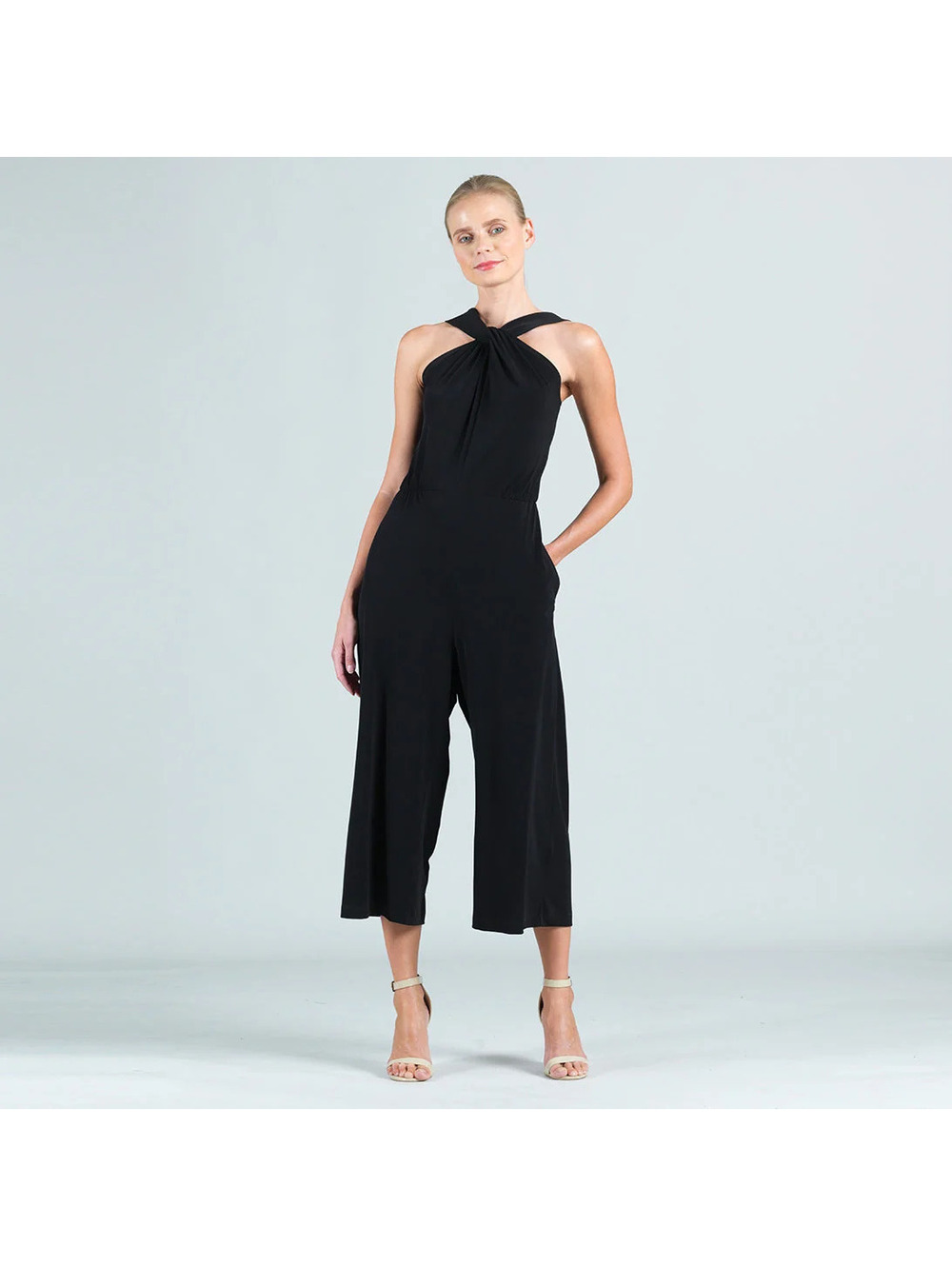 Clara Sunwoo Grecian Halter Pocket Jumpsuit Womens Medium Black Twist Strap USA